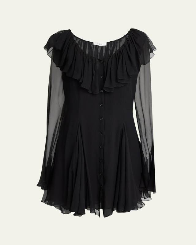 Ruffle Long-Sleeve Silk Mousseline Mini Dress